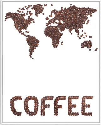 Produktbild von Wallario Wandbild Weltkarte mit Schriftzug aus Kaffeebohnen, Größe: 40,30 x 50,30 cm, Poster mit weißem Aluminiumrahmen