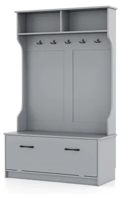 Produktbild von Garderobenständer mit Schuhbank und 5 Doppelhaken, Garderobe mit Schuhschrank und offenen Fächern, Flurgarderobe (Grau)