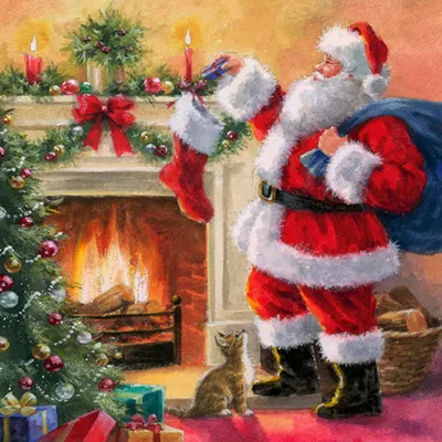 Produktbild von Servietten Papier 33x33cm Weihnachtsmann am Kamin Motiv 20 Stück Bunt