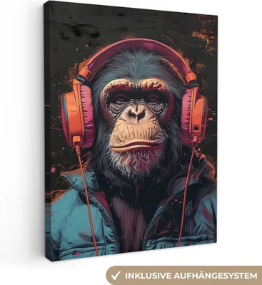 Produktbild von MuchoWow® - Leinwandbilder - Graffiti - Schimpanse - Kopfhörer - Affe, Wandbild, Wanddeko Bilder Wohnzimmer, 90x120cm