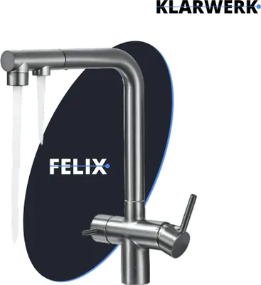 Produktbild von KLARWERK® Felix | ausziehbare 3-Wege Armatur Edelstahl Silber gebürstet | Filter Trinkwasser Wasserhahn Küche | Mischbatterie L-Auslauf 3 Anschlüsse