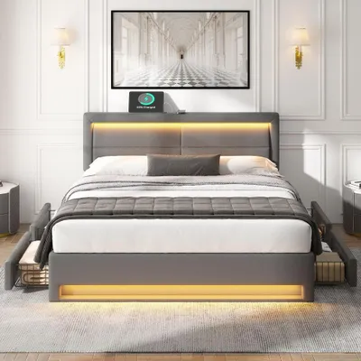 Obrázok produktu pre Postel s čalúneným rámom, rozmery 140x200 cm, sivá farba, vyrobená zPolyuretánkože, s USB portom, LED osvetlením a 4 zásuvkami, vhodná do spálne