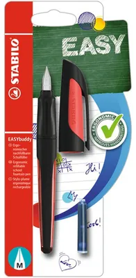 Obrázek produktu pro Školní plnicí pero se standardní tuhou M - STABILO EASYbuddy v barvě černá/červená - barva psaní modrá (smazatelná) - jedno pero - náplň je součástí balení