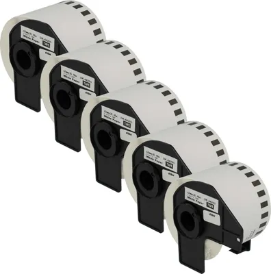 Produktbild von vhbw 5x Rolle mit Halter 62mm x 30,48m (1 Etikette) kompatibel mit Brother PT QL1060N, QL-500, QL-500A, QL500BS Drucker - Premium, Wiederablösbar Weiß