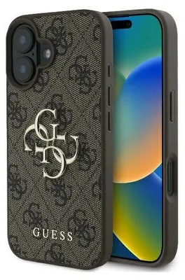 A close-up shot of a phone case with a repeating Guess logo pattern and a large Guess logo in the center. The phone is partially visible inside the case.