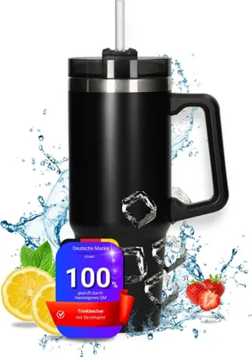 Produktbild von Vakuumbecher "Tampa" 800 ml - Edelstahl Thermobecher für Heiß-& Kaltgetränke - Trinkflasche inkl. Strohhalm und Griff - Thermosflasche eignet sich perfekt für unterwegs schwarz
