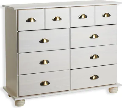 Produktbild von Schubladenschrank COLMAR, Weiß - Apothekerschrank mit 8 Schubladen, Muschelgriffe aus Metall, Kiefer Massivholz, Kommode im Landhausstil für Flur oder Schlafzimmer
