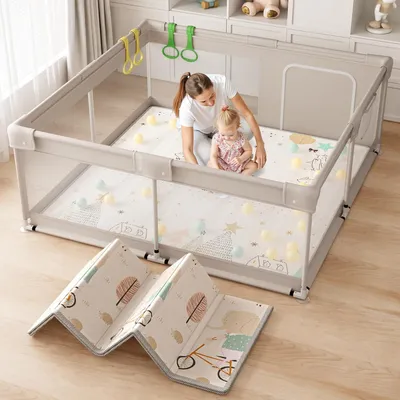 Produktbild von Baby-Laufstall mit Oxford-Stoffmatte, 150 x 150 x 68 cm,XXL-Barrieren und atmungsaktivem Netzgewebe an vier Seiten mit Saugnäpfen