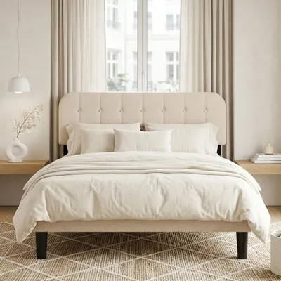 Produktbild von Bealife Polsterbett mit höhenverstellbarem Kopfteil Doppelbett 140×200cm Stoffbett Jugendbett Gepolstertes Bett Bettrahmen mit Lattenrost Beige BF54