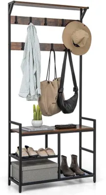 Imagen del producto de Perchero - Cafetería - Estante para ropa metálico - 84x30,5x183 cm - Color marrón rústico - Ideal para recibidor y dormitorio