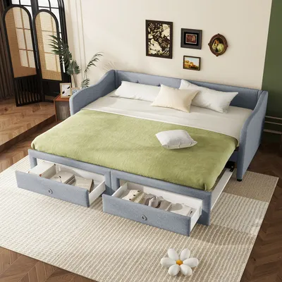 Produktbild von Schlafsofa mit Bettfunktion und Schubladen, 90x200 cm/180x200 cm, Polsterbett, Bezug aus Leinen