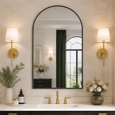 Immagine prodotto di Specchio da parete a forma di arco, 61x96 cm, in lega di alluminio nero, da appoggiare o appendere, ideale per camera da letto o bagno
