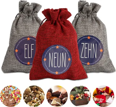 Obrázok produktu pre VINGO Adventný kalendár látkové vrecká na plnenie vianočných kalendárov vrecká hračky, červená a sivá