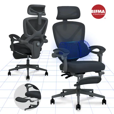 Produktbild von FLEXISPOT Ergonomischer Bürostuhl mit 3D-Kopfstütze, verstellbarer Lendenstütze, Wippfunktion 90–135°, Verbindungsarmlehnen, Fußstütze, 136 kg Schwarz