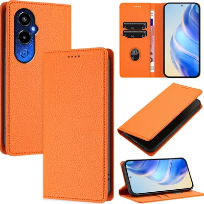 Produktbild von Litchi Leder Handyhülle für Tecno Pova 4 Pro Wallet Kartenfächer Standfunktion Hülle Orange