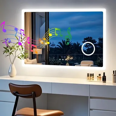Zdjęcie produktu dla Lustro do łazienki LED Bluetooth - Prostokątne, bezramowe lustro ścienne z oświetleniem - 3 lusterka kosmetyczne - Powłoka antyfogowa, 3 tryby barw światła z funkcją zapamiętywania - 100x70 cm