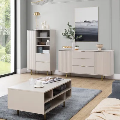 A modern living room setup featuring a cabinet, a sideboard, and a coffee table.