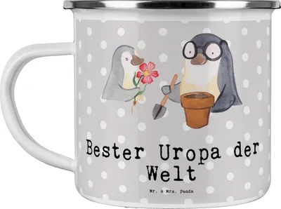 Produktbild von Mr. & Mrs. Panda Emaille Tasse Pinguin Bester Uropa der Welt - Grau Pastell - Geschenk, Kleinigkeit, Pott, Teetasse, Becher, Kaffeepott, Geburtstag, Geschenkidee, Haferl