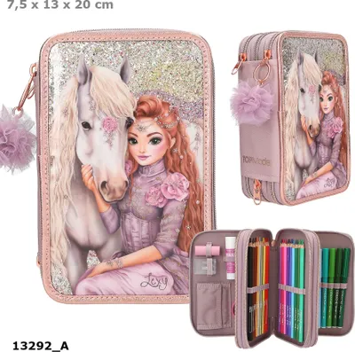 A collage of a filled pencil case, showing the exterior design and the interior contents.