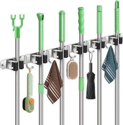 Image de Support mural en acier inoxydable avec 6 supports et 5 crochets pour outils de jardinage et balais ménagers