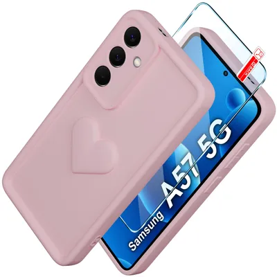 Image de Coque en silicone mat pour Samsung A57 5G, avec motif cœur, + film de protection d'écran 9H