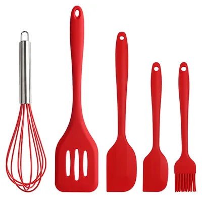 Image de Ensemble de 5 ustensiles de cuisine en silicone antiadhésif : fouet, pinceau à huile et spatule, pour la cuisine, la pâtisserie et la confection de gâteaux