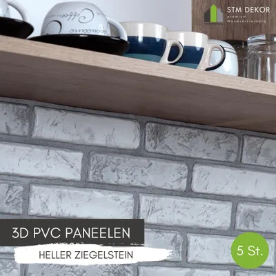 Produktbild von 3D-Wandpaneele PVC | Ziegeloptik | Heller Ziegelstein - 5 Platten - 2.5 m² | Für Wohnzimmer, Küche & Bad | Einfache DIY-Montage