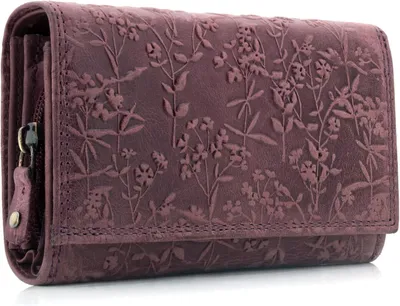 Produktbild von Damen Geldbörse aus Leder mit Blumenprägung und RFID Schutz, Lange Brieftasche mit Druckknopf, Großes Kartenfach & Münzfach