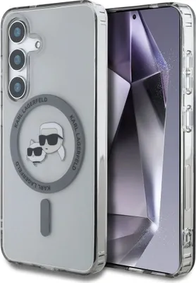 Produktbild von Karl Lagerfeld Button Karl & Choupette Heads Gedrucktes Logo MagSafe - Samsung Galaxy S25 Hülle (Schwarz)