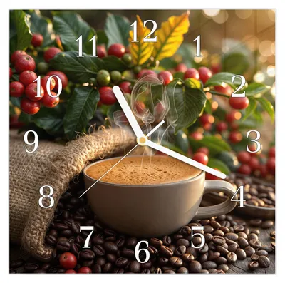 Produktbild von Wanduhr aus Glas mit Motiv Kaffeeerntemorgen- 30 x 30 cm - inkl. Aufhängesystem