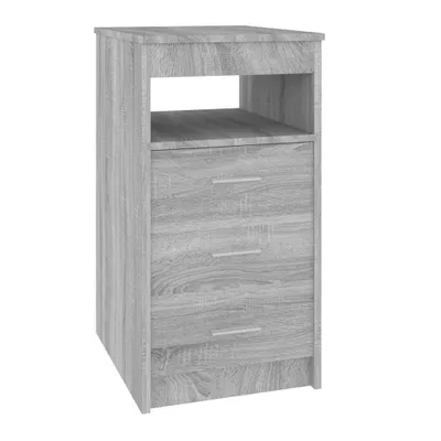 A standalone image of a grey wooden sideboard with three drawers and an open shelf.