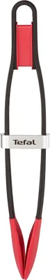 A pair of kitchen tongs with red handles and black arms, with the Tefal logo on a silver band.