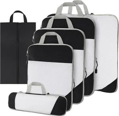 Produktbild von Kompressions-Packwürfel Set 6-teilig – packing cubes mit Kompression für Koffer und Rucksack – Schwarz – Thousandtravelmiles