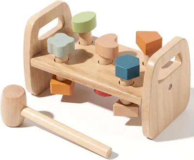 Imagen del producto de Banco de madera con martillo y clasificador de formas. Juguete Montessori para desarrollar la motricidad, a partir de 1 año