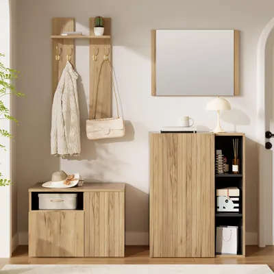Image de Ensemble de rangement Flieks 4-en-1 avec miroir, armoire à chaussures, crochets et banc à chaussures. Ensemble complet de meubles d'entrée pour couloir et hall d'entrée, imitation bois et noir