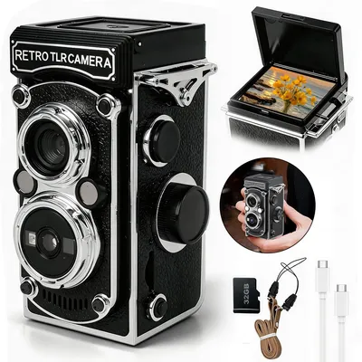 Produktbild von Retro Mini Digitalkamera 4800MP, Handkurbel Design, 1080P Video, Nachtsicht, 32GB Speicher, 1,54" Display, wiederaufladbar, für Einsteiger & Jugendliche