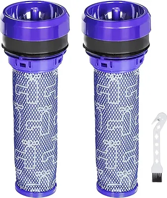 Two purple and white vacuum cleaner filters and a small white cleaning brush on a white background.