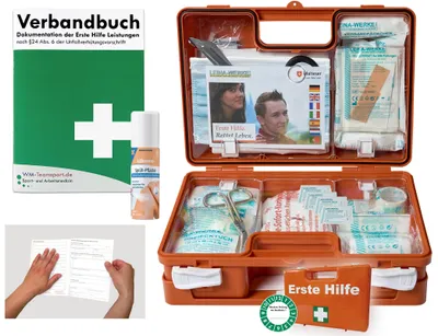 Produktbild von Verbandskoffer / Verbandskasten (K) Typ S - Erste Hilfe nach aktueller DIN 13157 für Betriebe -DSGVO- INKL. PERFORIERTEM VERBANDBUCH + Sprühpflaster