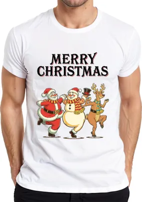 Produktbild von MERRY CHRISTMAS Weihnachtsmann Schneemann Rentier tanzend Vintage Herren T-Shirt, Weiß, M