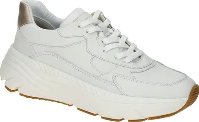 A single white sneaker with a thick sole and gold accent on the heel, shown from a side-angle on a white background.