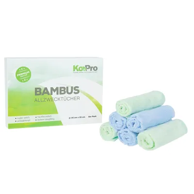Produktbild von Ko&Pro Hygienische 100% Bambus Tücher | 6x Allzwecktücher 25x25 cm | Reinigungstücher für Küche Bad Haushalt & Fenster | Inklusive 2 DIY-Rezepteflyer