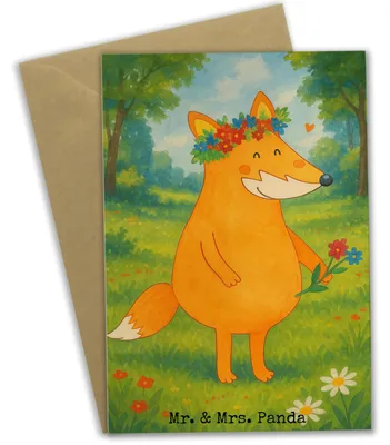 Produktbild von Mr. & Mrs. Panda Grußkarte Fuchs Blumen Design - Weiß - Geschenk, osterkarten, Boho, weihnachtskarten, Blume, Liebe, Blumenliebe, Mich, vatertagskarte, hochzeitskarten