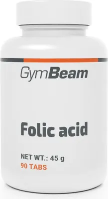 A white bottle of GymBeam Folic Acid supplement.
