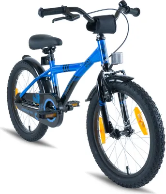 Produktbild von PROMETHEUS Kinderfahrrad 18 Zoll Jungen und Mädchen in Blau & Schwarz mit Aluminium Seitenständer | Alu V-Brake und Rücktrittbremse | inkl. Sicherheitspaket | ab 6 Jahre | 18“ BMX Edition 2018