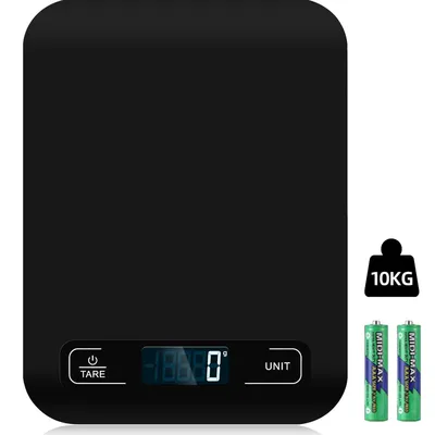 Imagen del producto de Báscula digital de cocina, capacidad de 10 kg, precisión de 1 g, pantalla LCD, función de tara, acero inoxidable. Báscula para hornear, cocinar, preparar comidas y uso doméstico. Color: negro