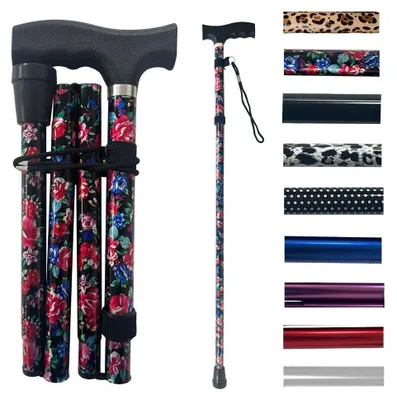 Imagen del producto de Bastón plegable - Altura ajustable - Punta de goma antideslizante - Ligero - Estampado floral - Para personas mayores/personas con discapacidad - Bastón