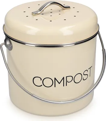 A cream-colored compost bin with a silver handle and trim, set against a white background.