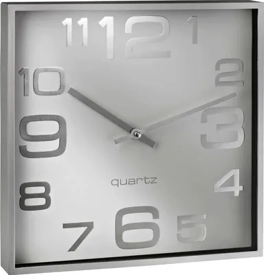 A square clock with a silver frame and a silver face with large, cut-out numbers.