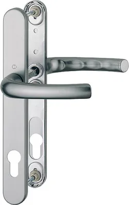 A close-up studio shot of a silver door handle set with two keyholes.