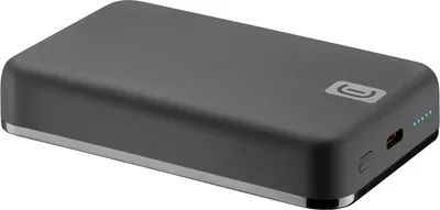 A dark gray power bank with a silver trim is shown from a slight angle.